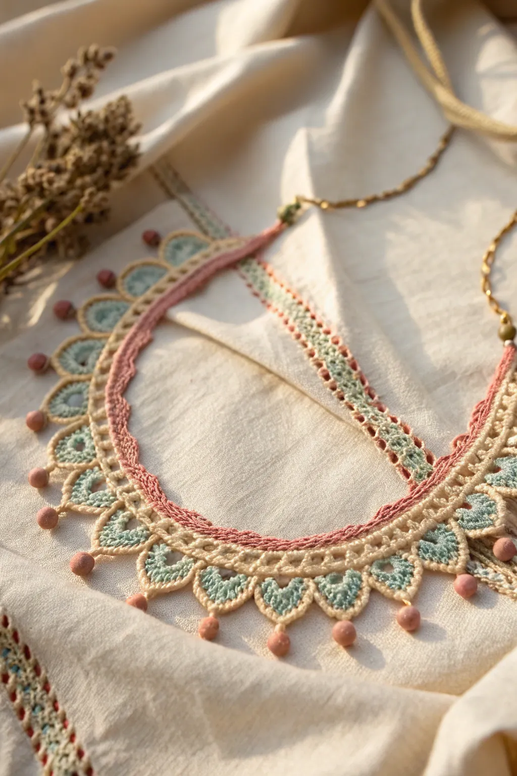 Delicate crochet artistry meets vintage elegance in this stunning handmade necklace.