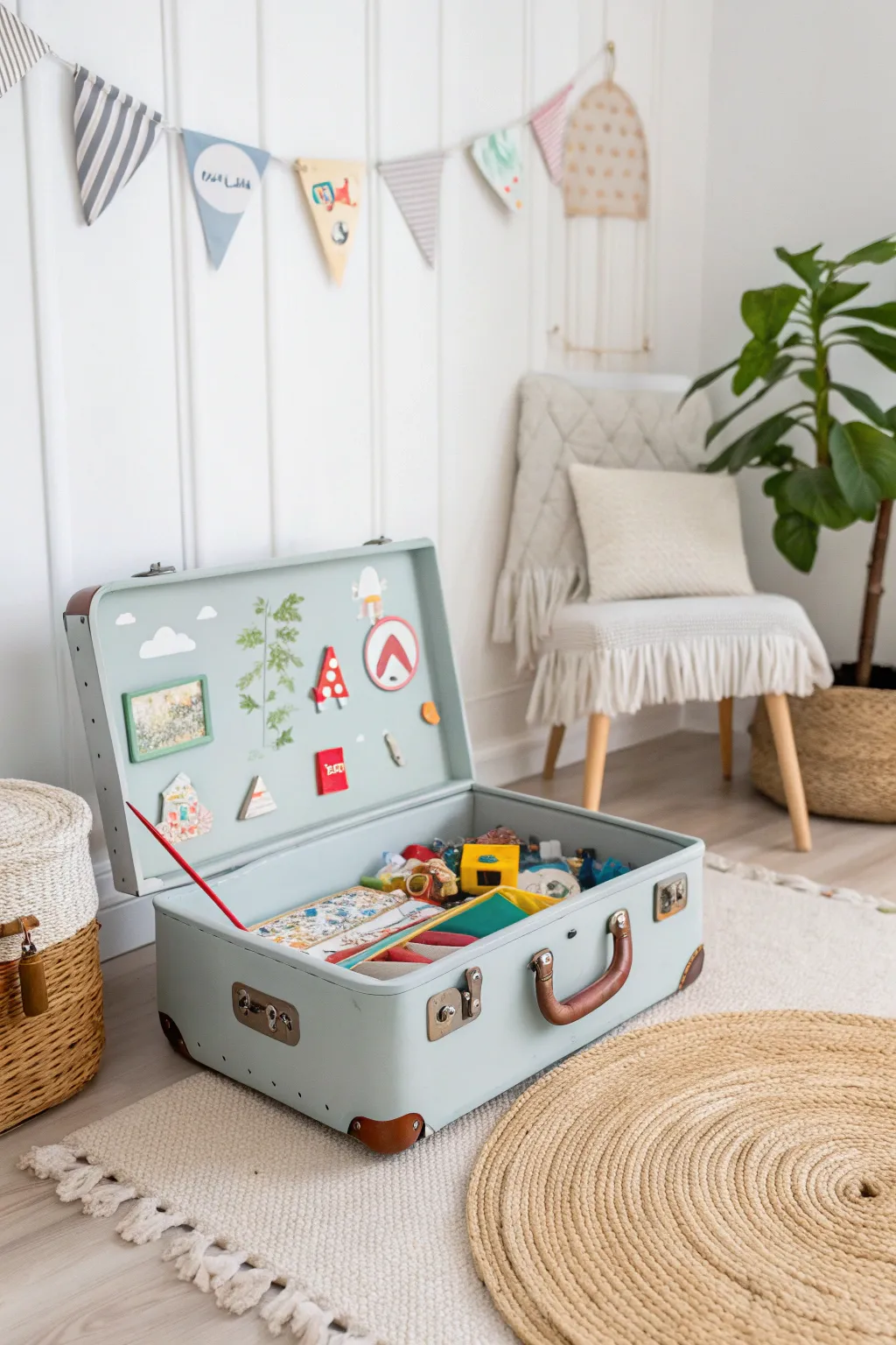 Transform old suitcases into delightful toy storage for a playful yet minimalist playroom!