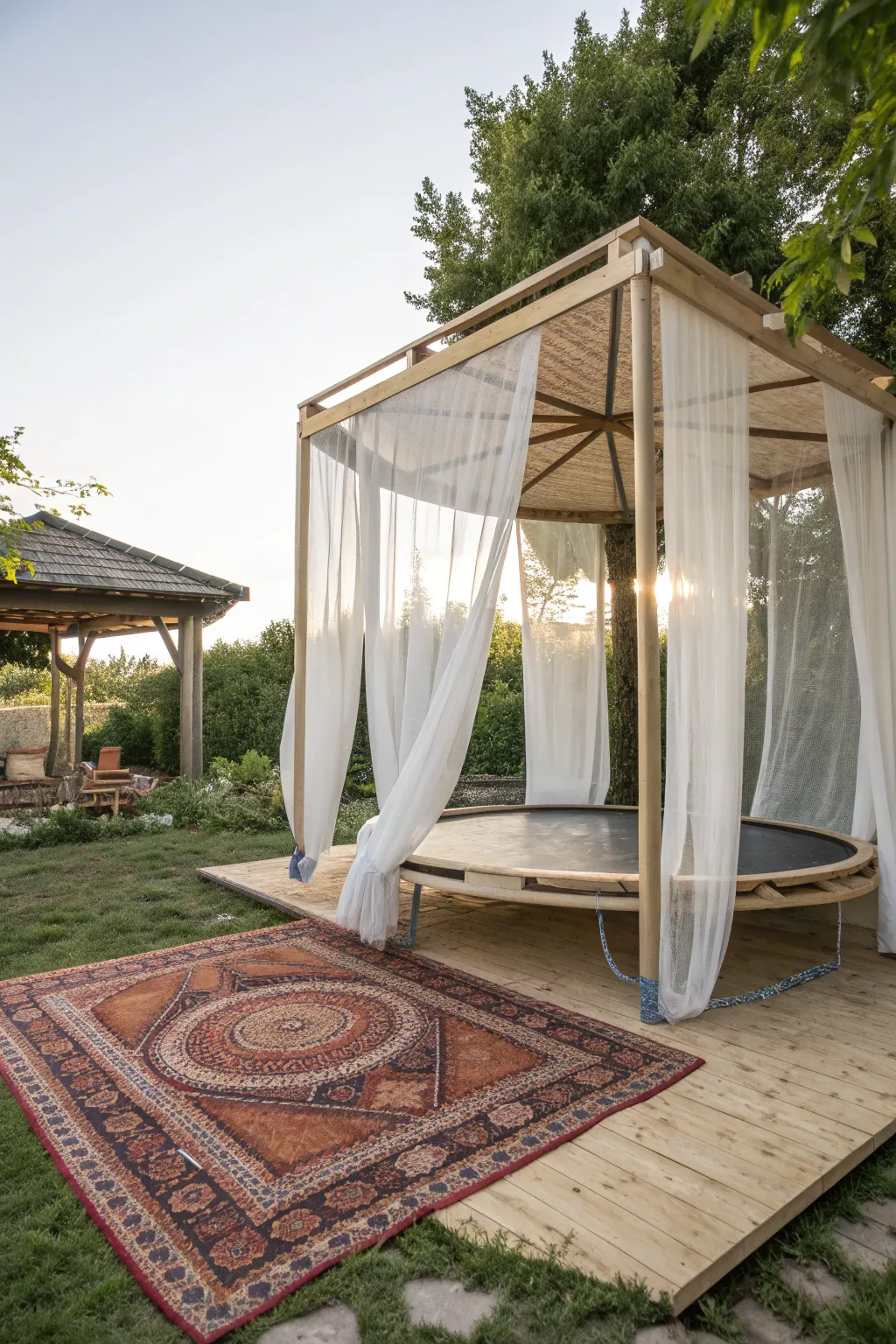 Elevate your outdoor space with a chic trampoline pavilion—where minimalism meets boho charm.