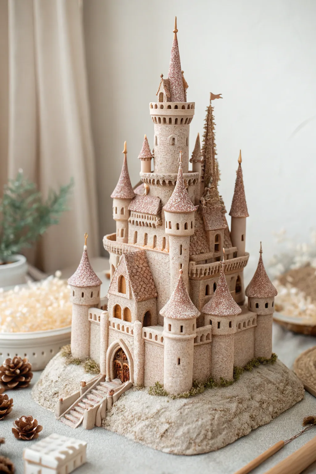 Step into a magical realm with this enchanting miniature clay castle, where fairies reign supreme!