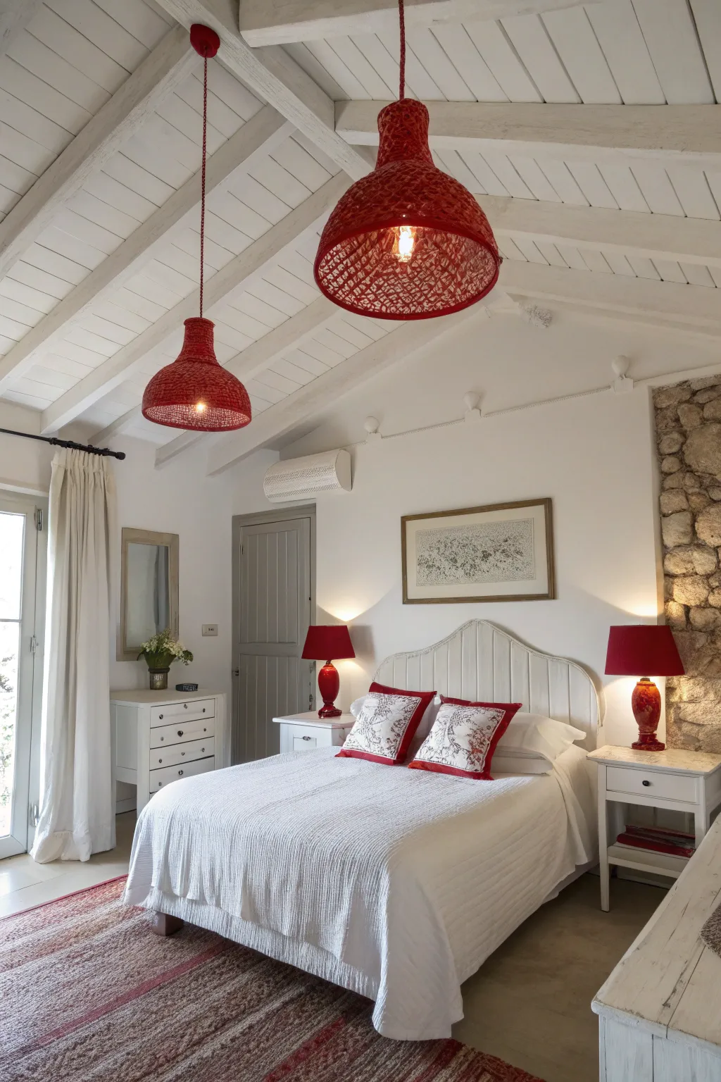 Red pendant lighting adds a modern touch to this chic bedroom.
