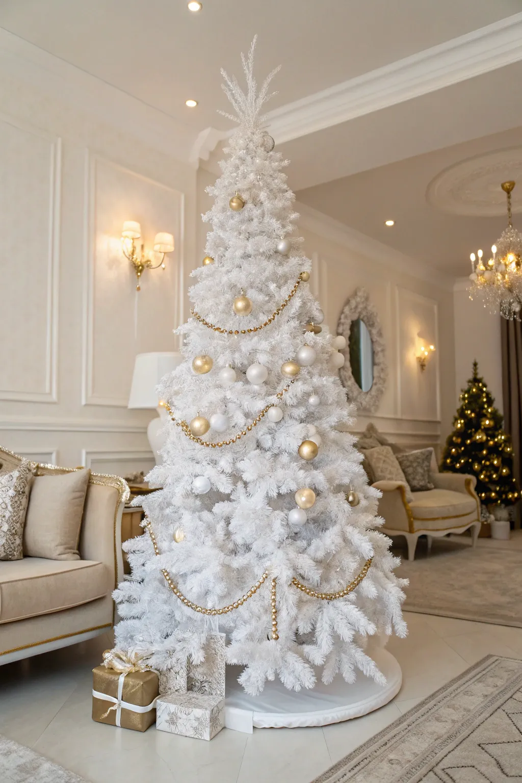 A white pearl garland adds sophistication to this holiday tree.