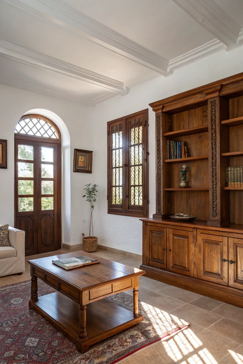 Wood accents bring warmth to white walls.