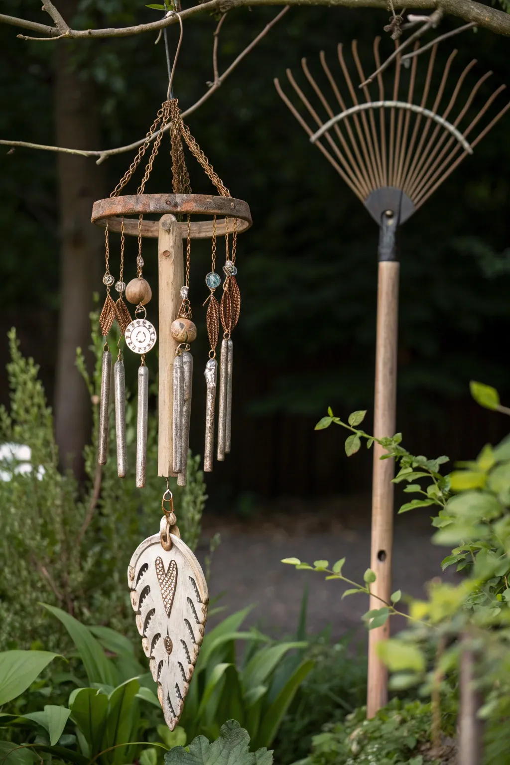 Breathe life into your garden with this whimsical rake wind chime stand, blending minimalist beauty with a boho twist.