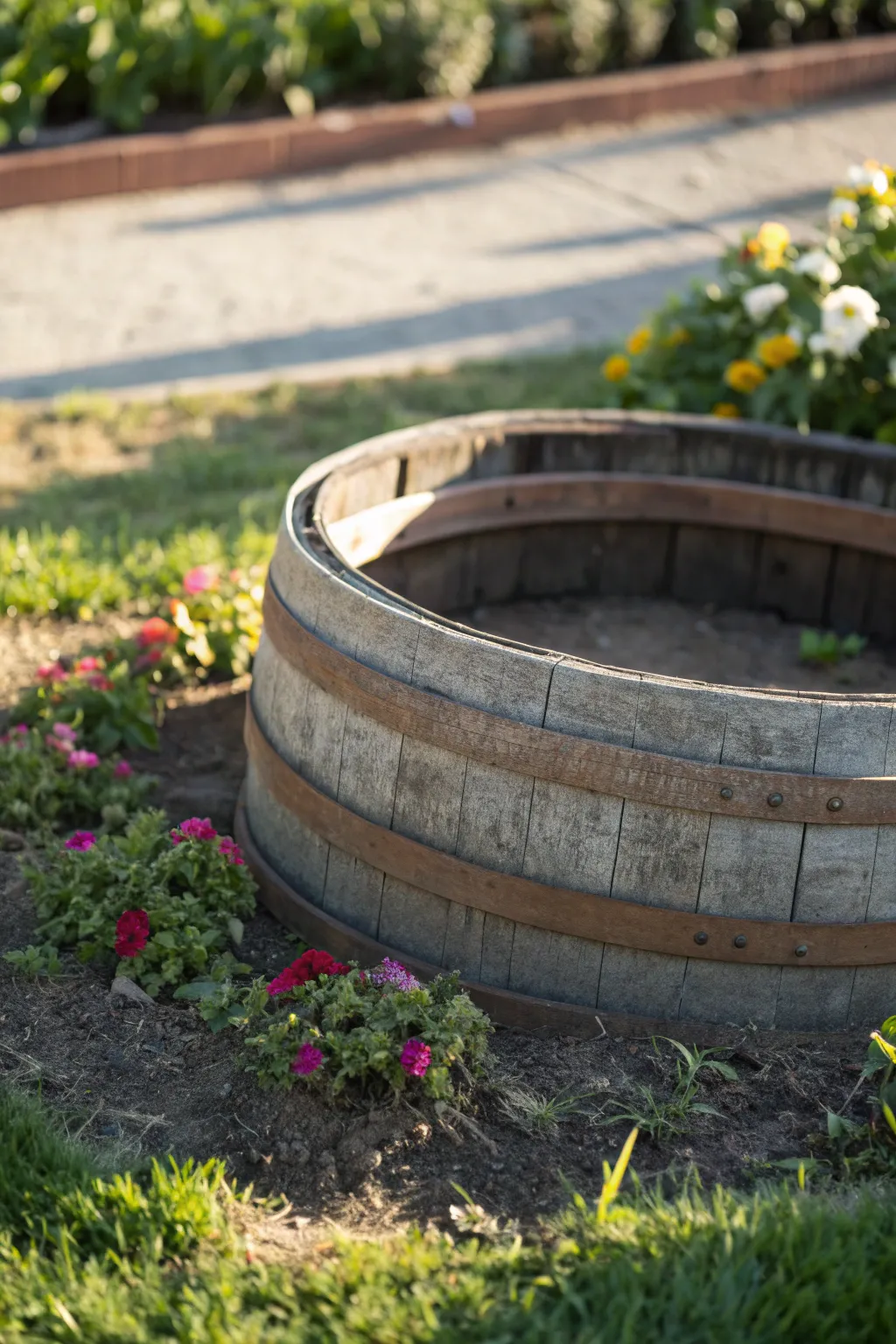 Transform your garden with rustic elegance: a wine barrel ring adds charm and structure to any flower bed.