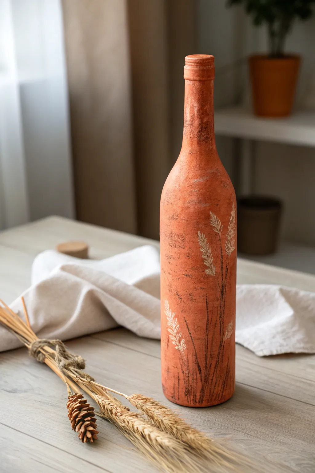 Transform your wine bottle into a faux terracotta masterpiece with simple paint techniques!