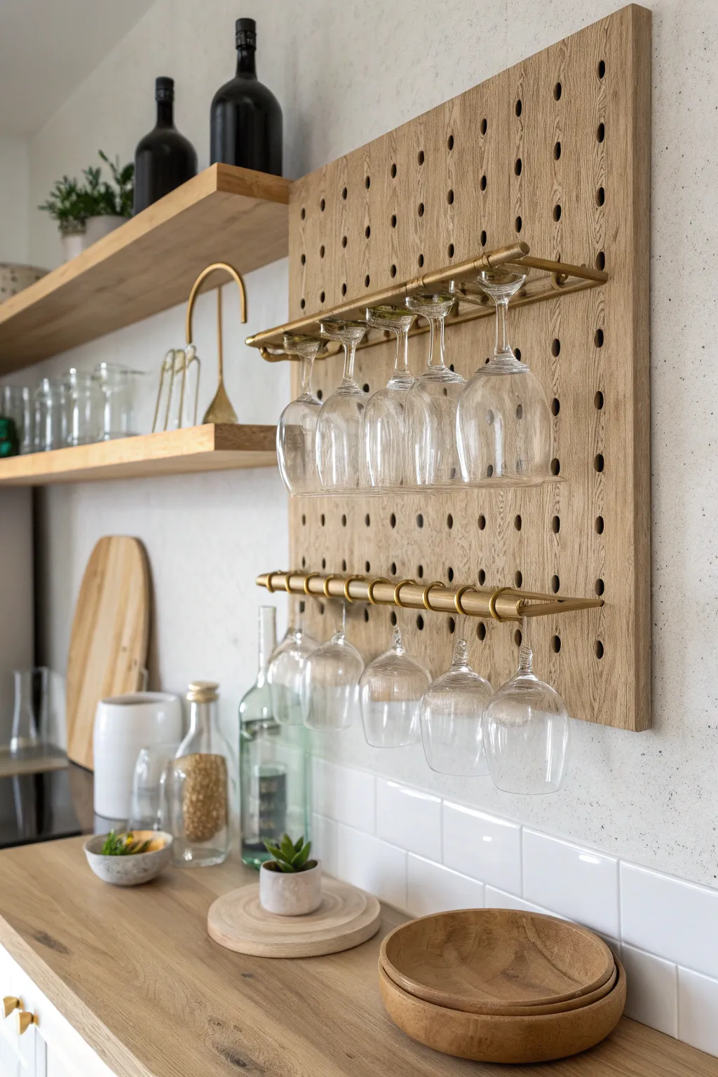 Elevate your home with this chic pegboard wine glass rack—where function meets style in perfect harmony.