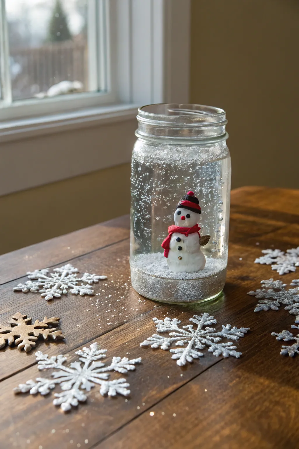 Create a magical winter wonderland with this enchanting snow globe jar, perfect for capturing the spirit of the season all year round.