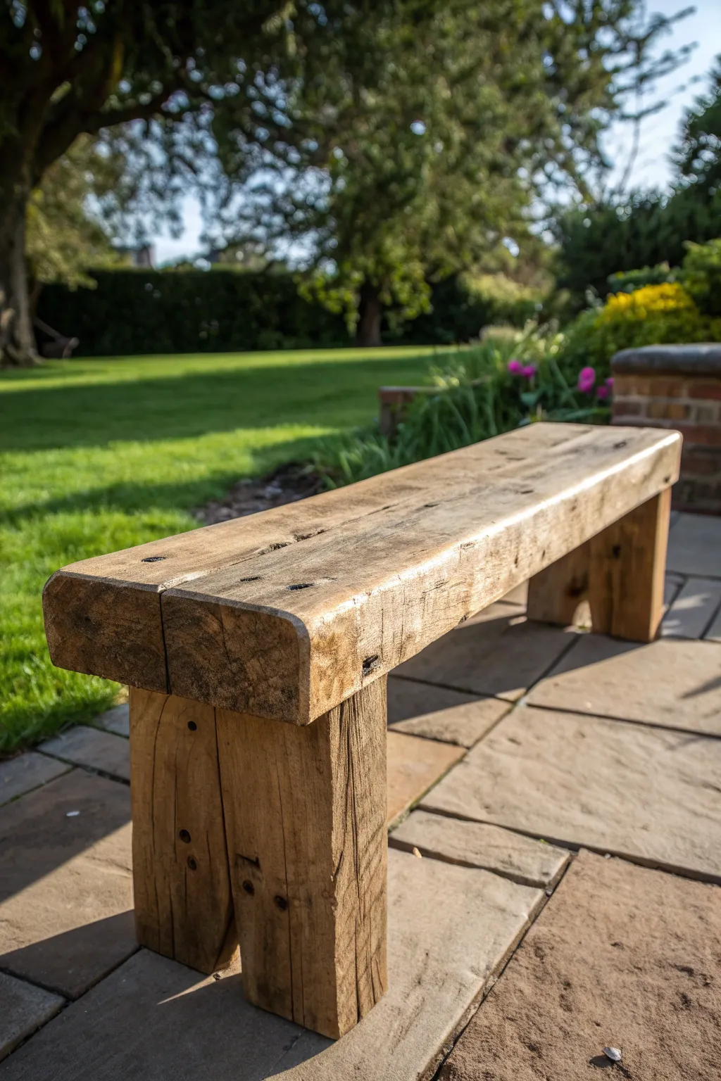 Discover the beauty of upcycled craftsmanship with this stunning wood beam bench, a perfect blend of style and sustainability.