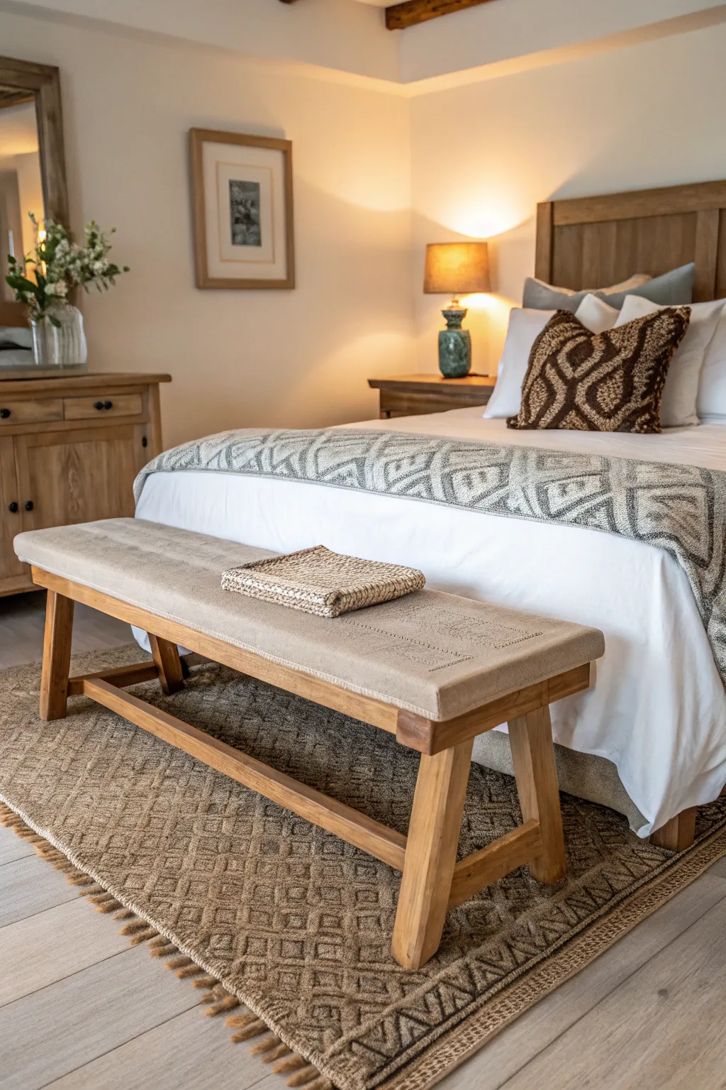 A wooden bench adds style and practicality to your bedroom.