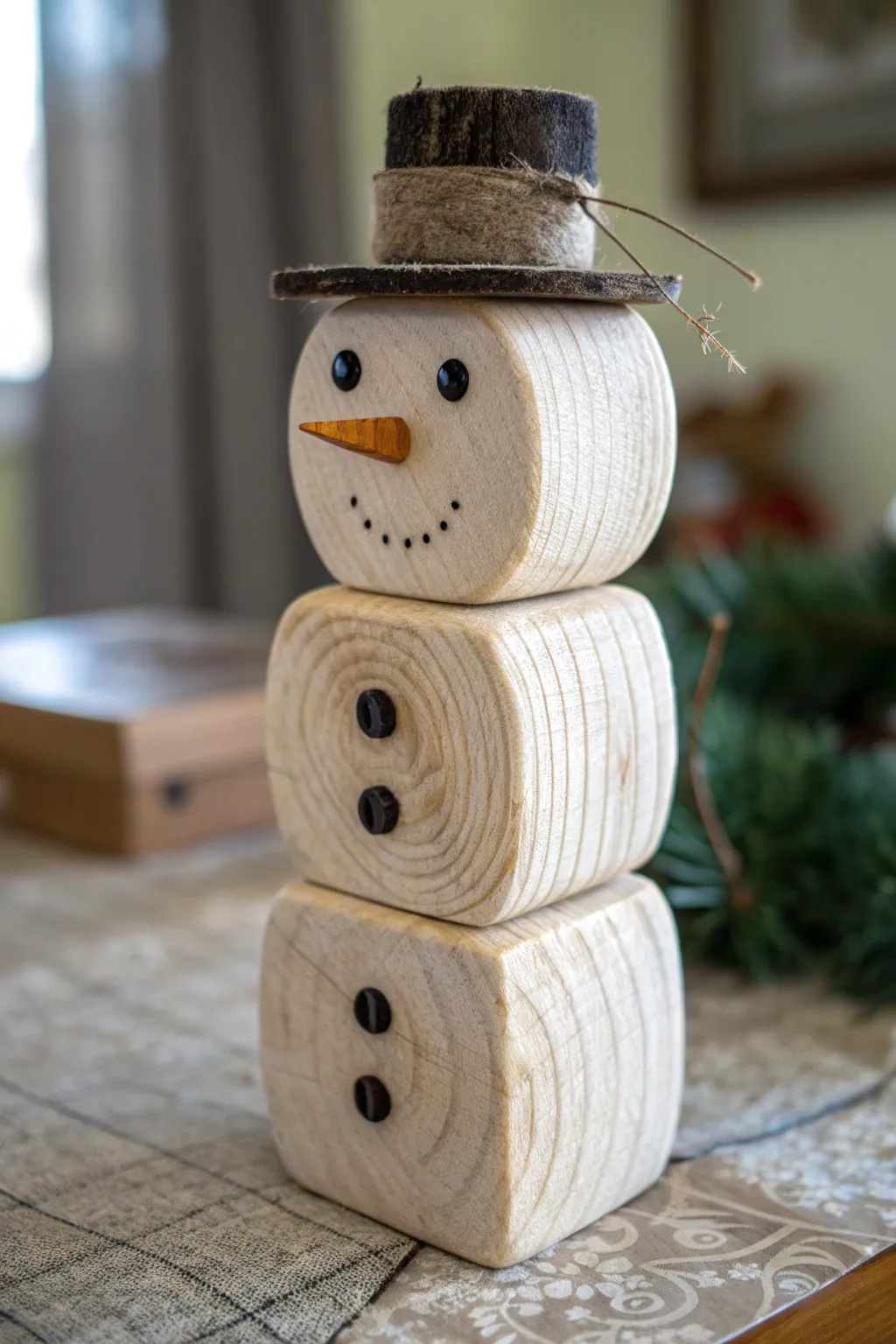 Embrace winter's charm with this handcrafted wooden block snowman, a testament to timeless craftsmanship.