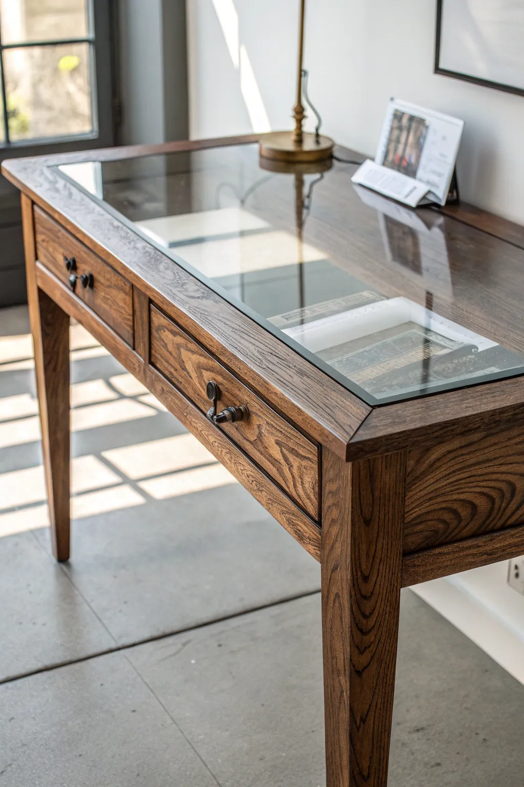 Discover elegance in simplicity with this exquisite wood and glass desk, where nature meets modernity in perfect harmony.
