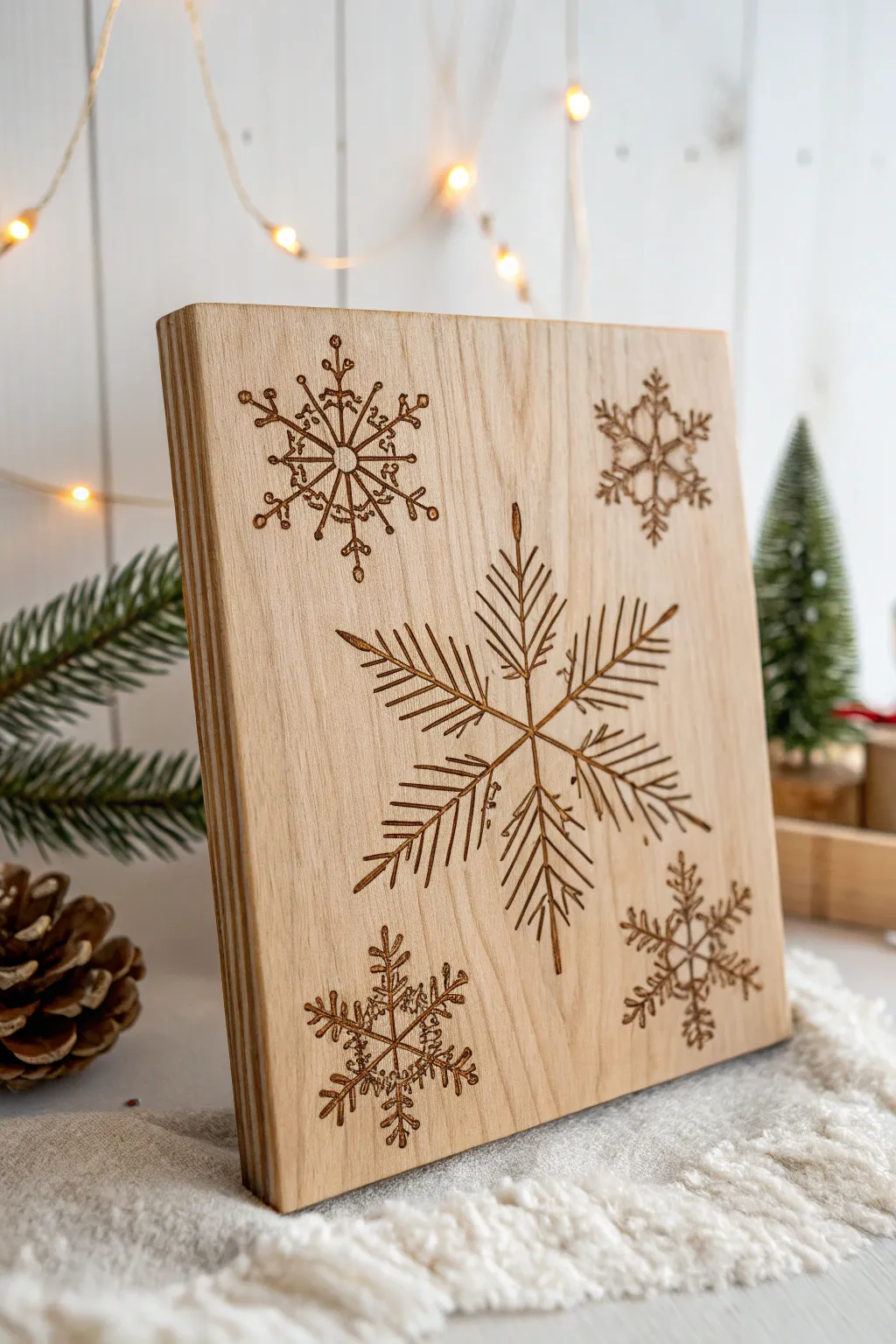 Capturing the essence of winter, this handcrafted wooden art piece blends minimalist design with festive flair.