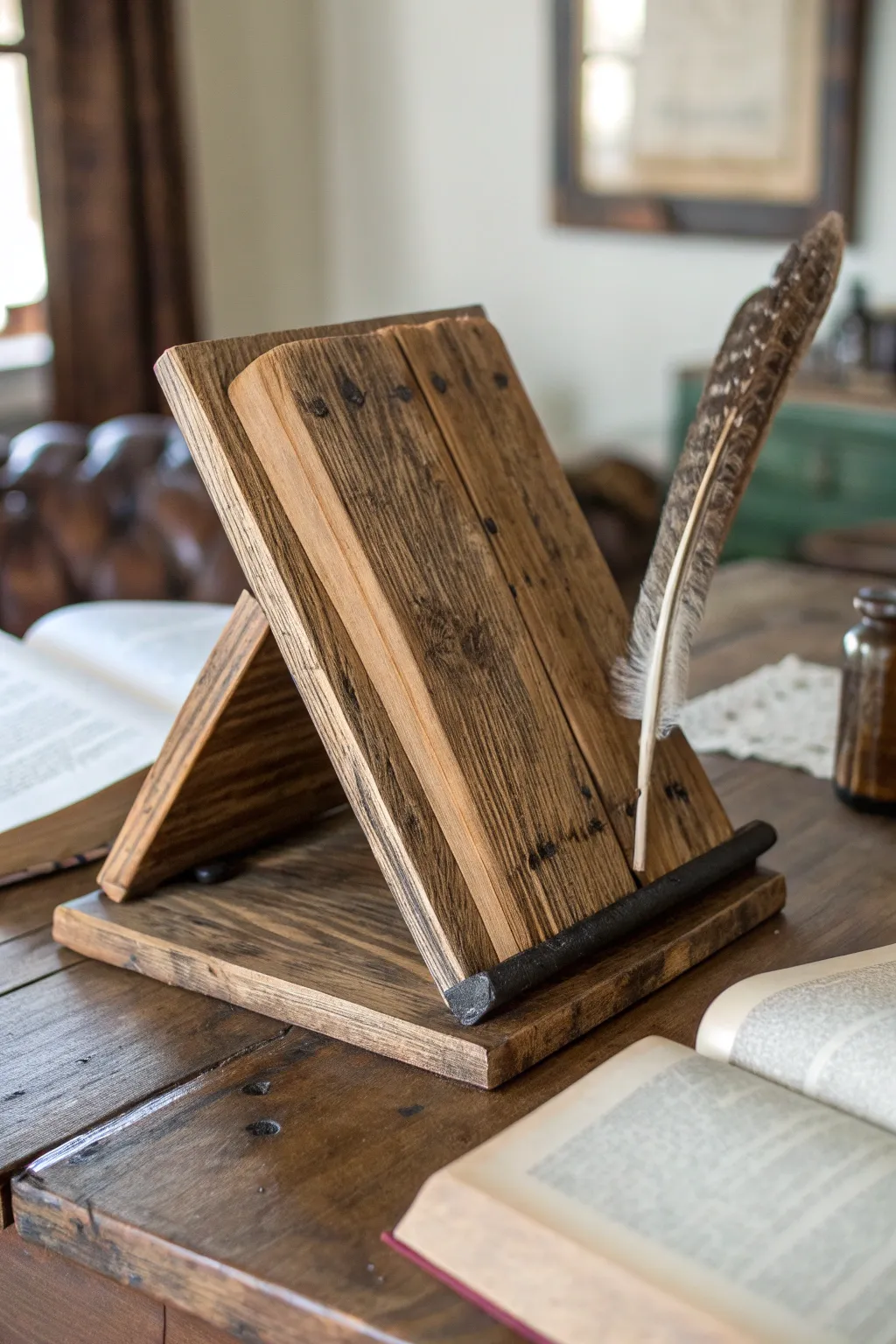 Embrace the story of reclaimed wood with this rustic book stand, where history meets craftsmanship.