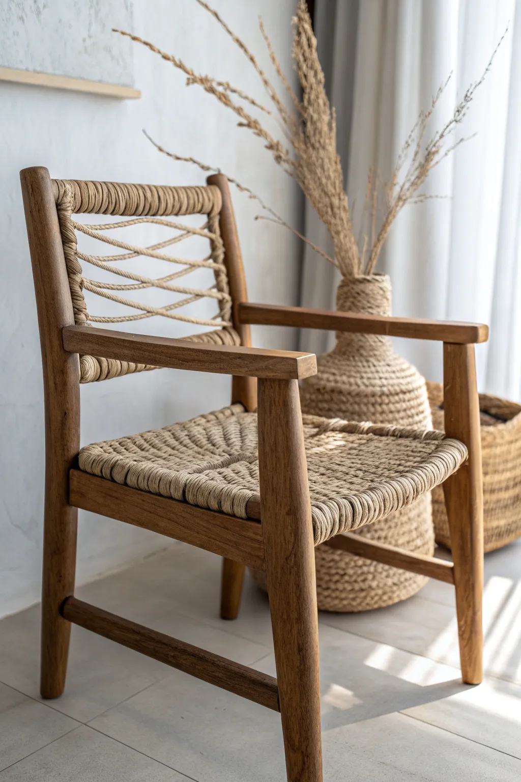 Transform your space with a touch of nature: Jute-wrapped chair arms for a rustic, earthy vibe.
