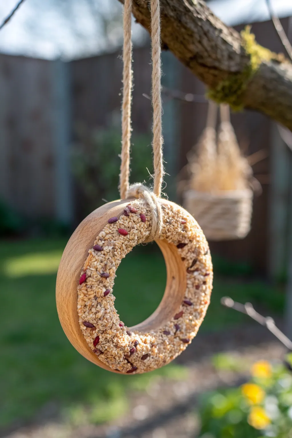 Invite nature's melody to your space with this charming wooden ring bird feeder.