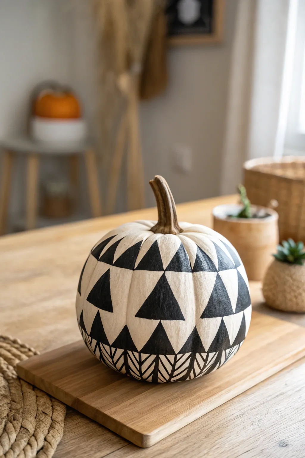 Elevate your autumn decor with this chic geometric wooden pumpkin, where Scandinavian minimalism meets Boho charm.