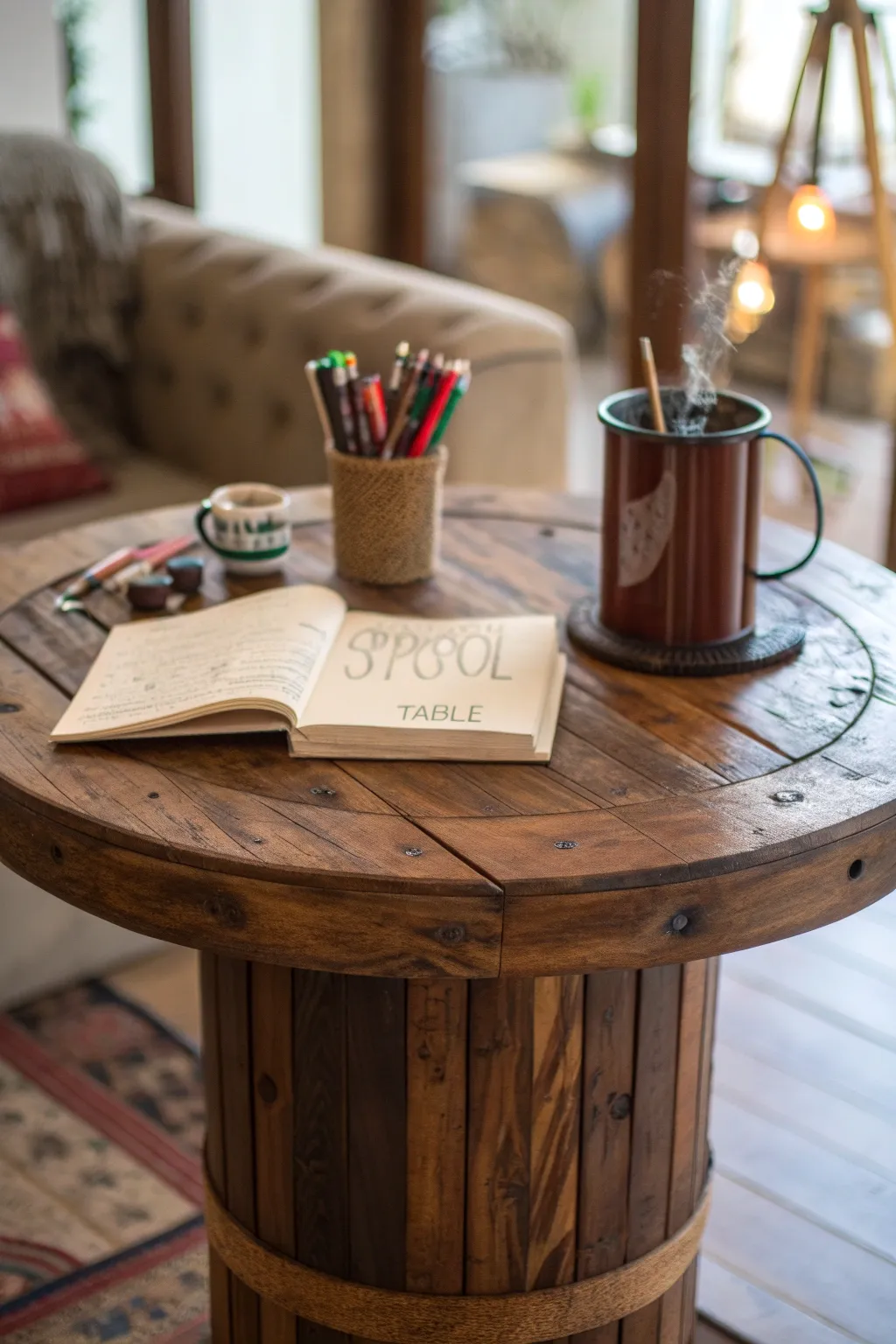 Transform your space with handcrafted elegance: the perfect wooden spool table for inspired creativity.