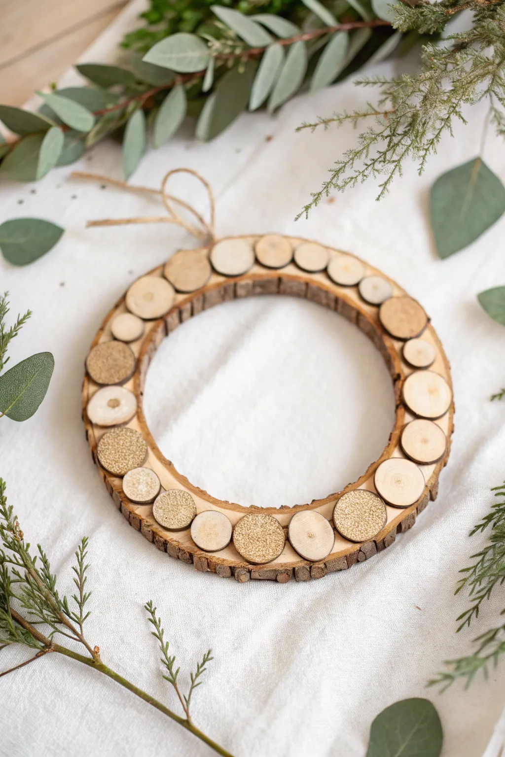 Embrace rustic elegance with a whimsical touch of wood slices on your wreath.
