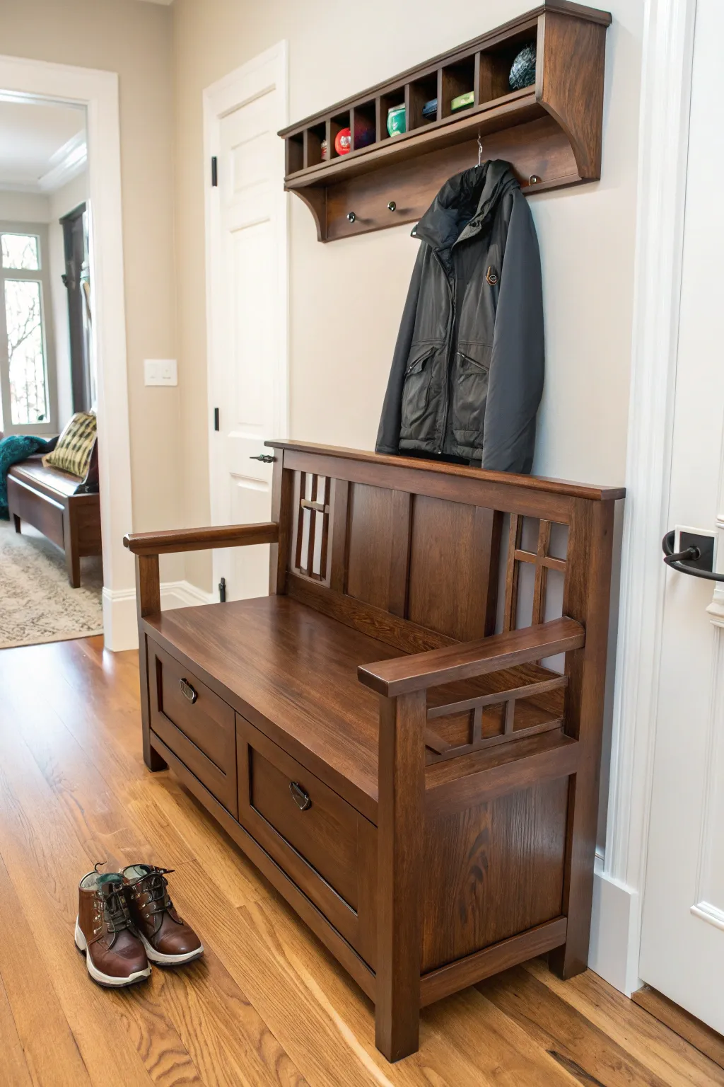 Elevate your entryway with this handcrafted compact bench, where style meets functionality.