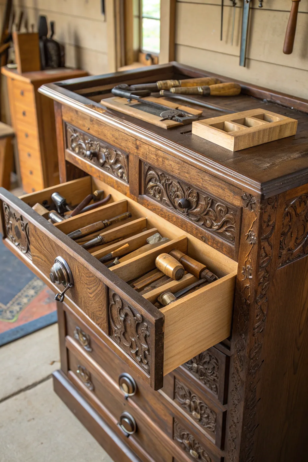Transform old elegance into functional beauty with this repurposed dresser tool storage solution.