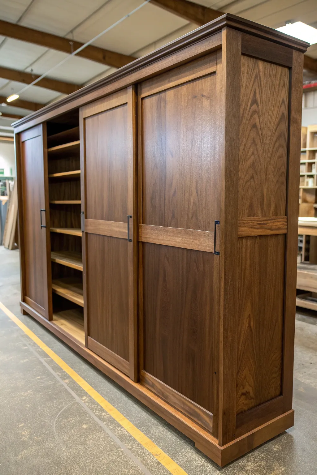 Elevate your workshop with sleek, handcrafted sliding door shelves.