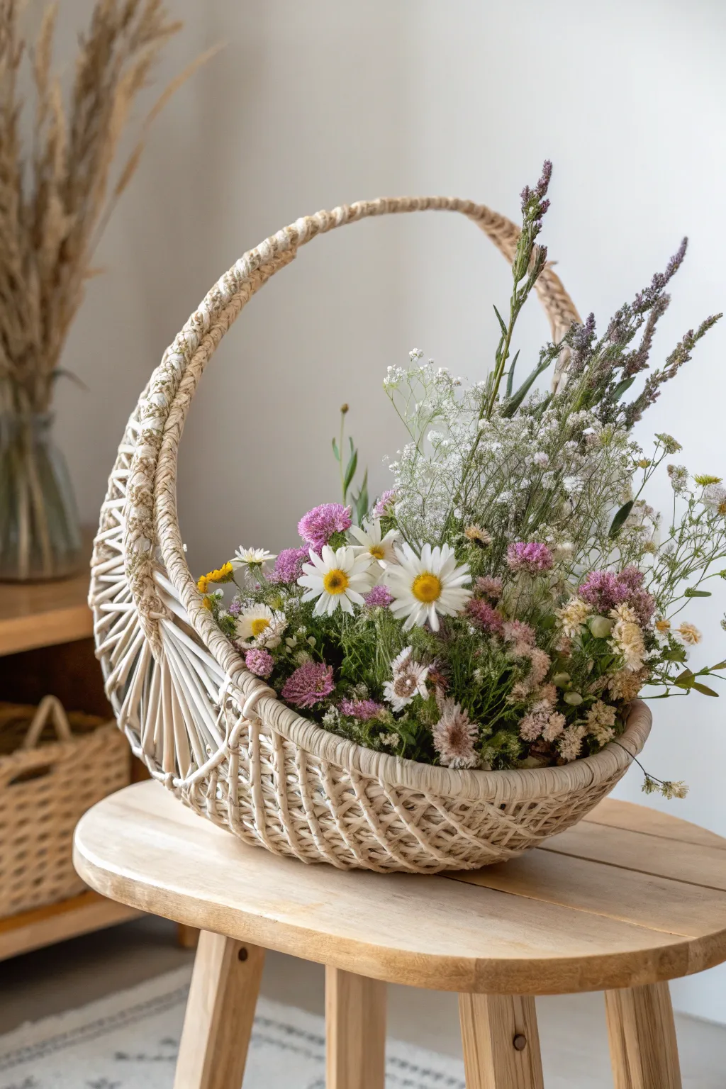 Embrace playful elegance with a crescent-shaped woven flower basket, perfect for adding a touch of whimsy to your decor.