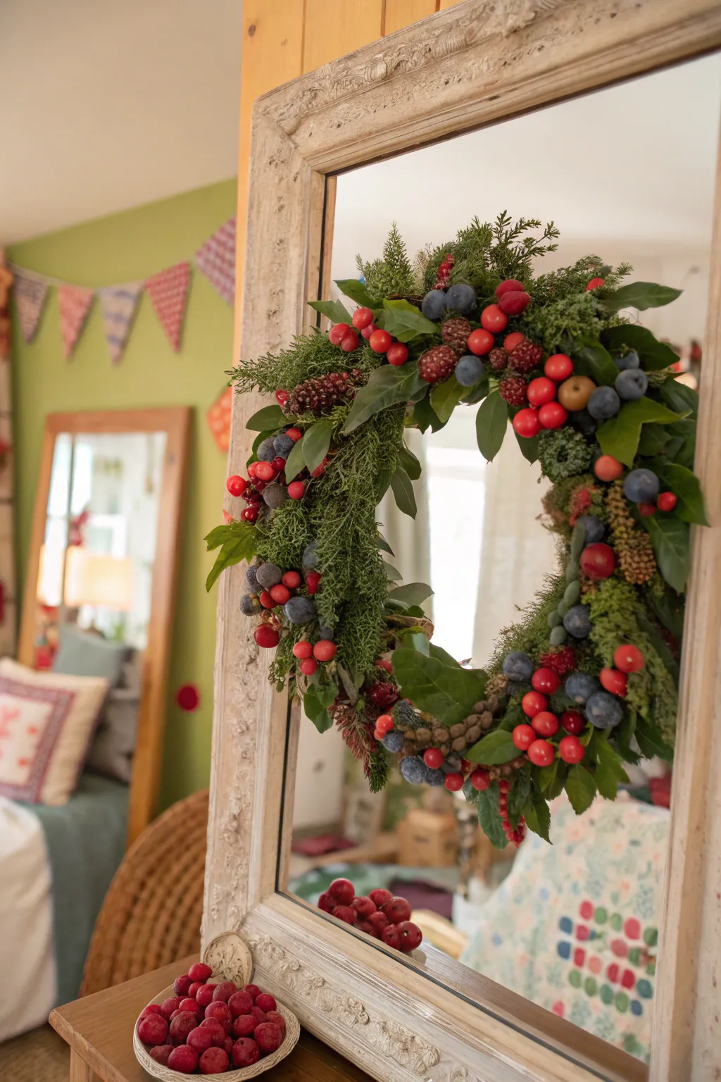 Berries add a bold pop of color to a mirror wreath.