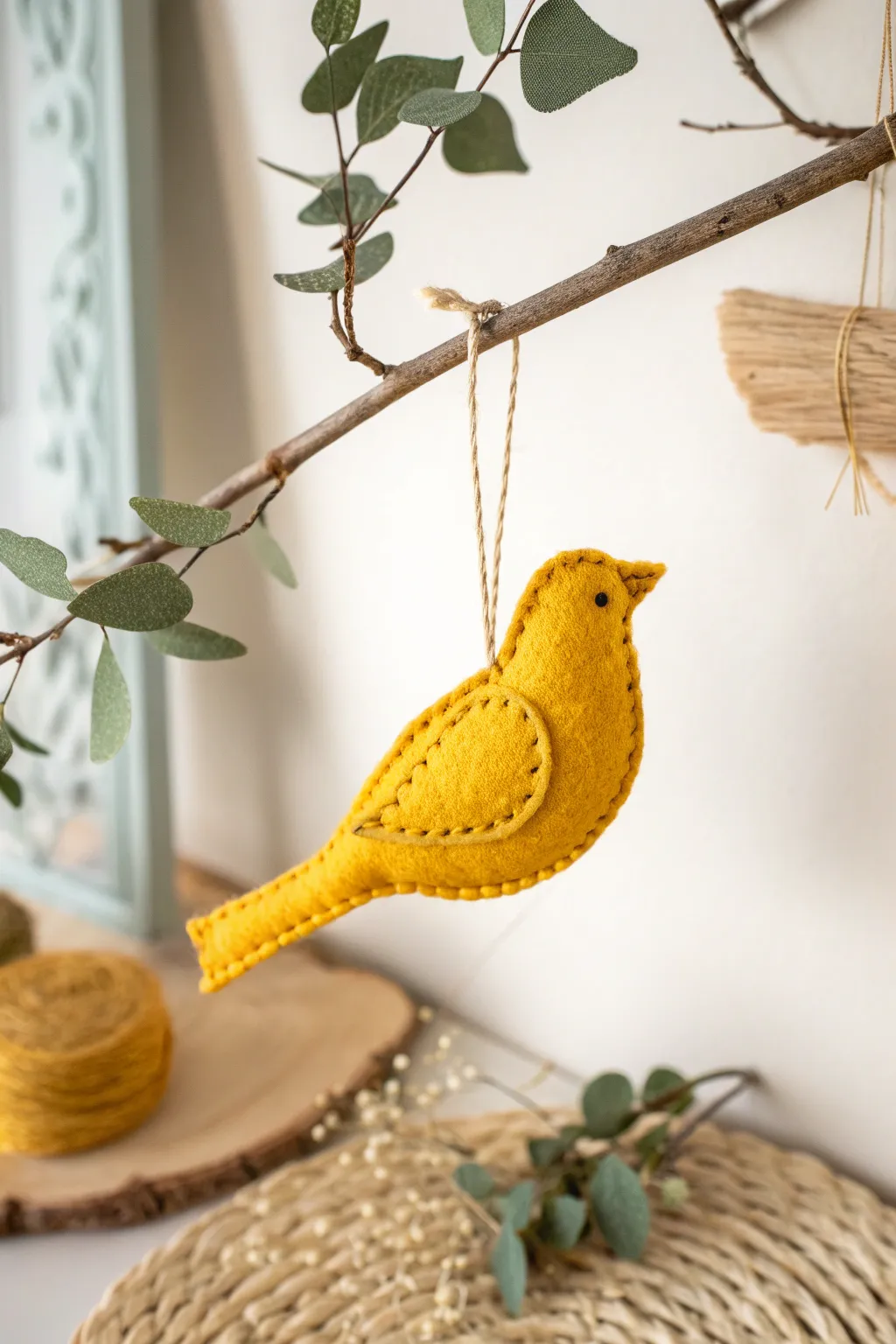 Add a touch of warmth and whimsy with charming yellow felt bird ornaments.
