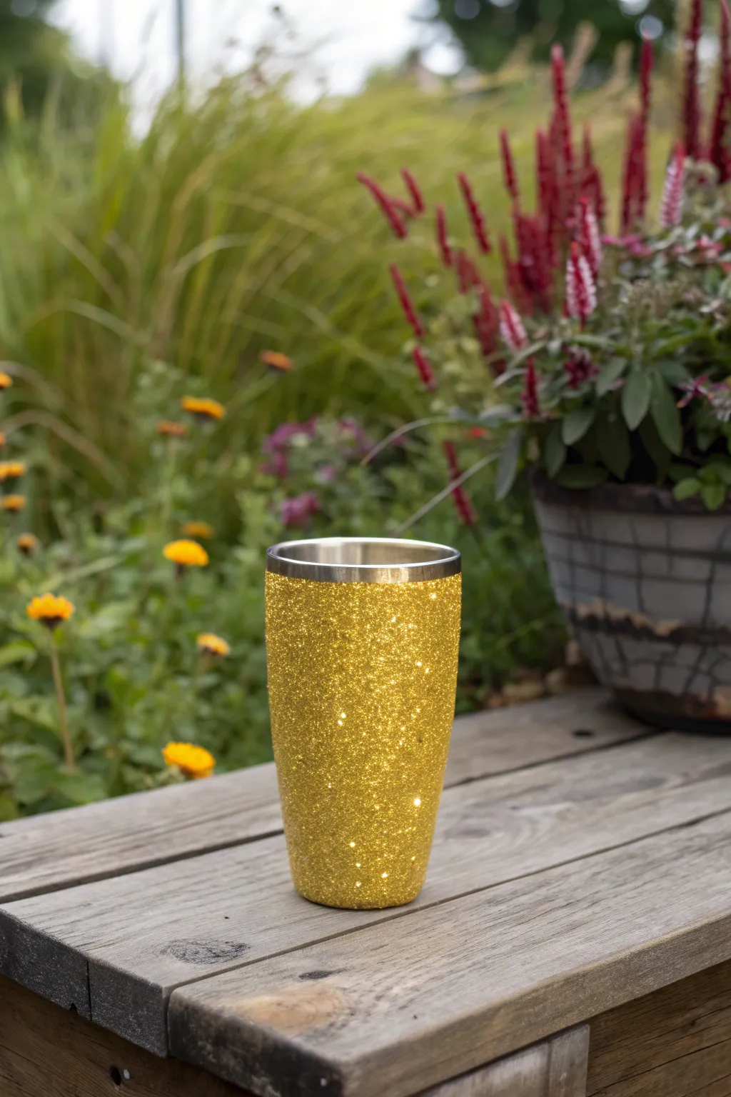 Add a touch of sparkle to your garden gatherings with this stunning yellow glitter tumbler!