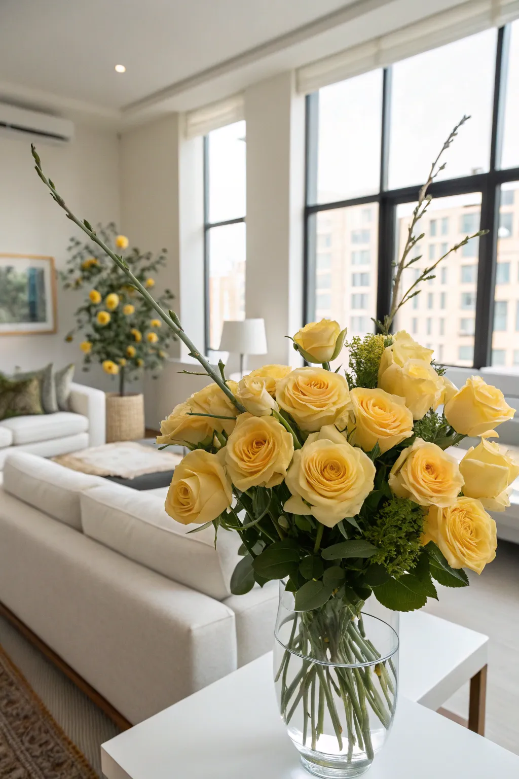 Artistic flair with asymmetrical yellow roses.