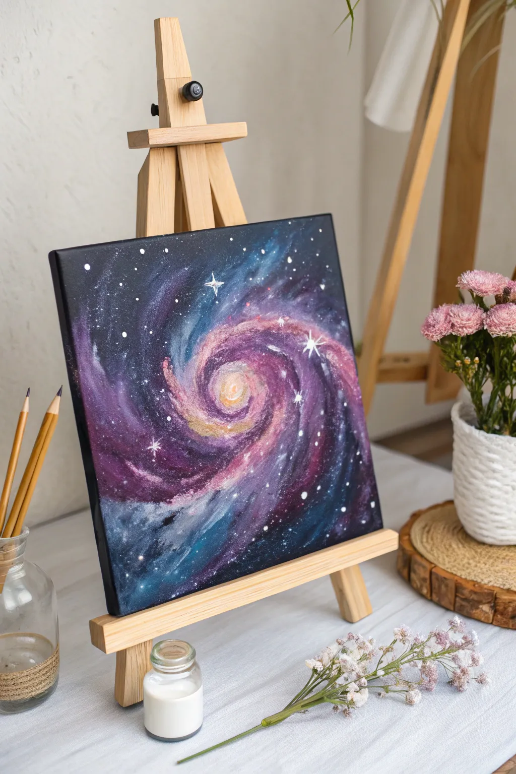 Lose yourself in the cosmos with this stunning galaxy explosion painting, where simplicity meets celestial beauty.