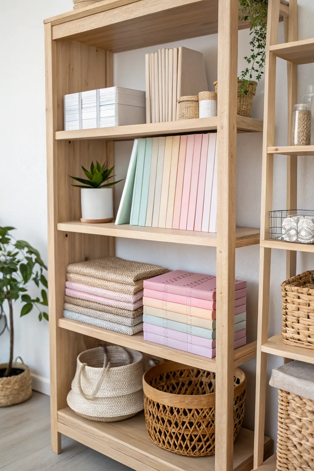 Elevate your craft space with custom-built shelving that combines Scandinavian minimalism with boho charm. Perfect for organizing your scrapbook papers in style!