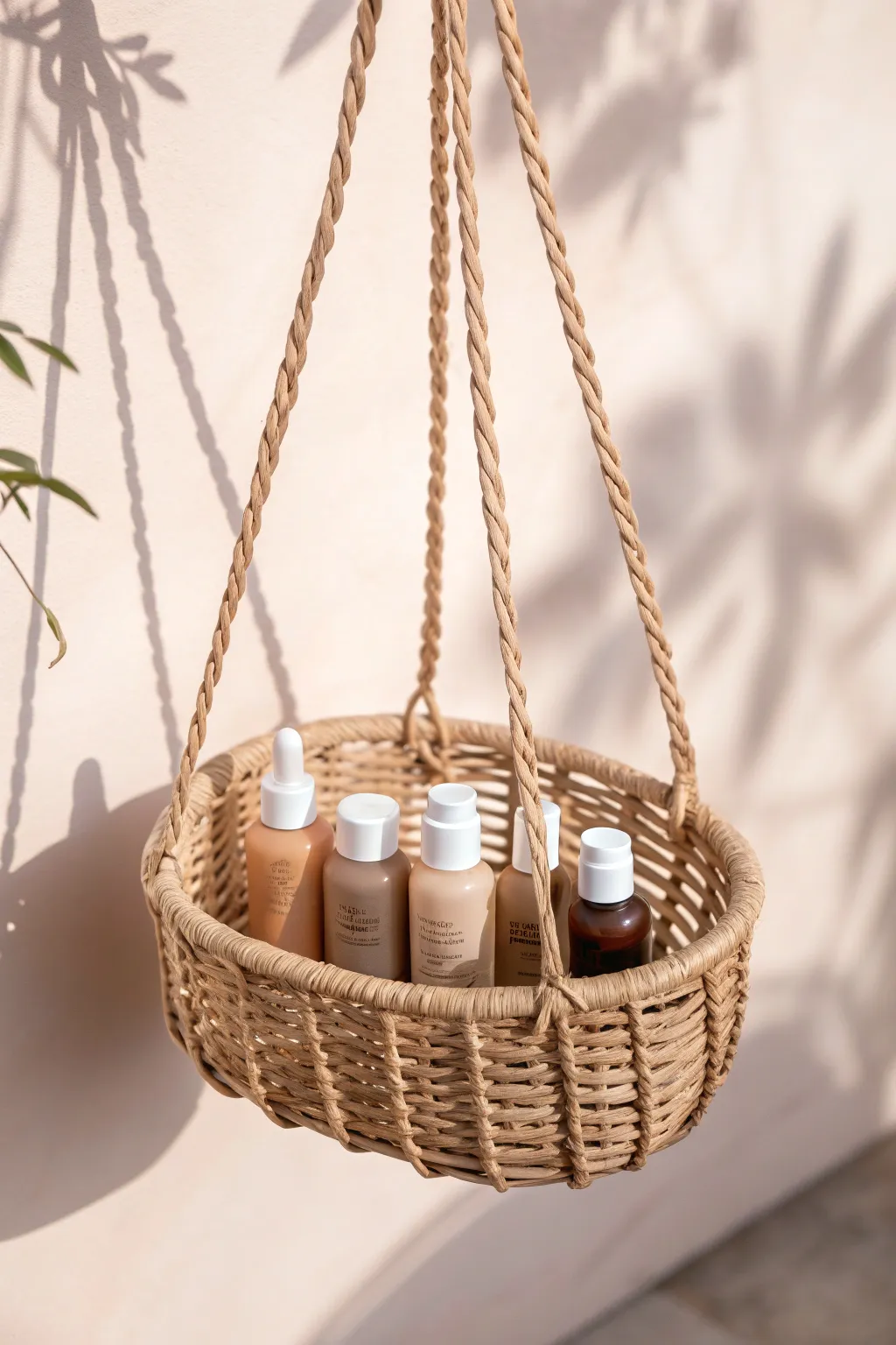 Elevate your workspace with the natural beauty of hanging baskets for chic and efficient paint storage.