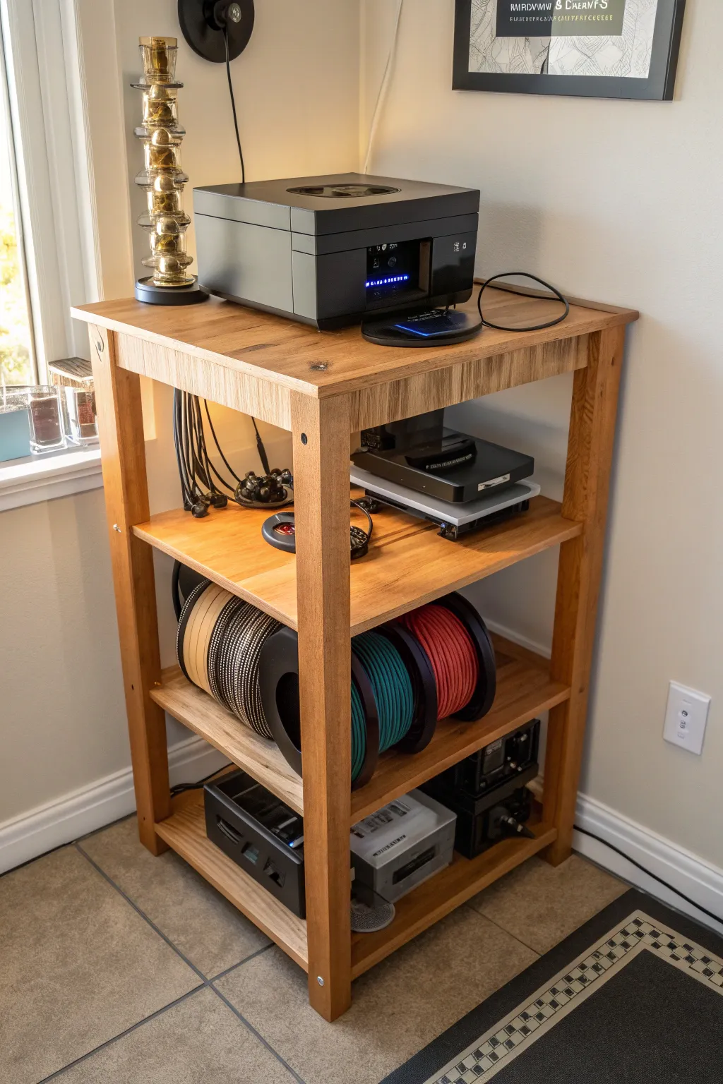 Maximize your space with this expertly crafted corner stand, perfect for showcasing your 3D printer.