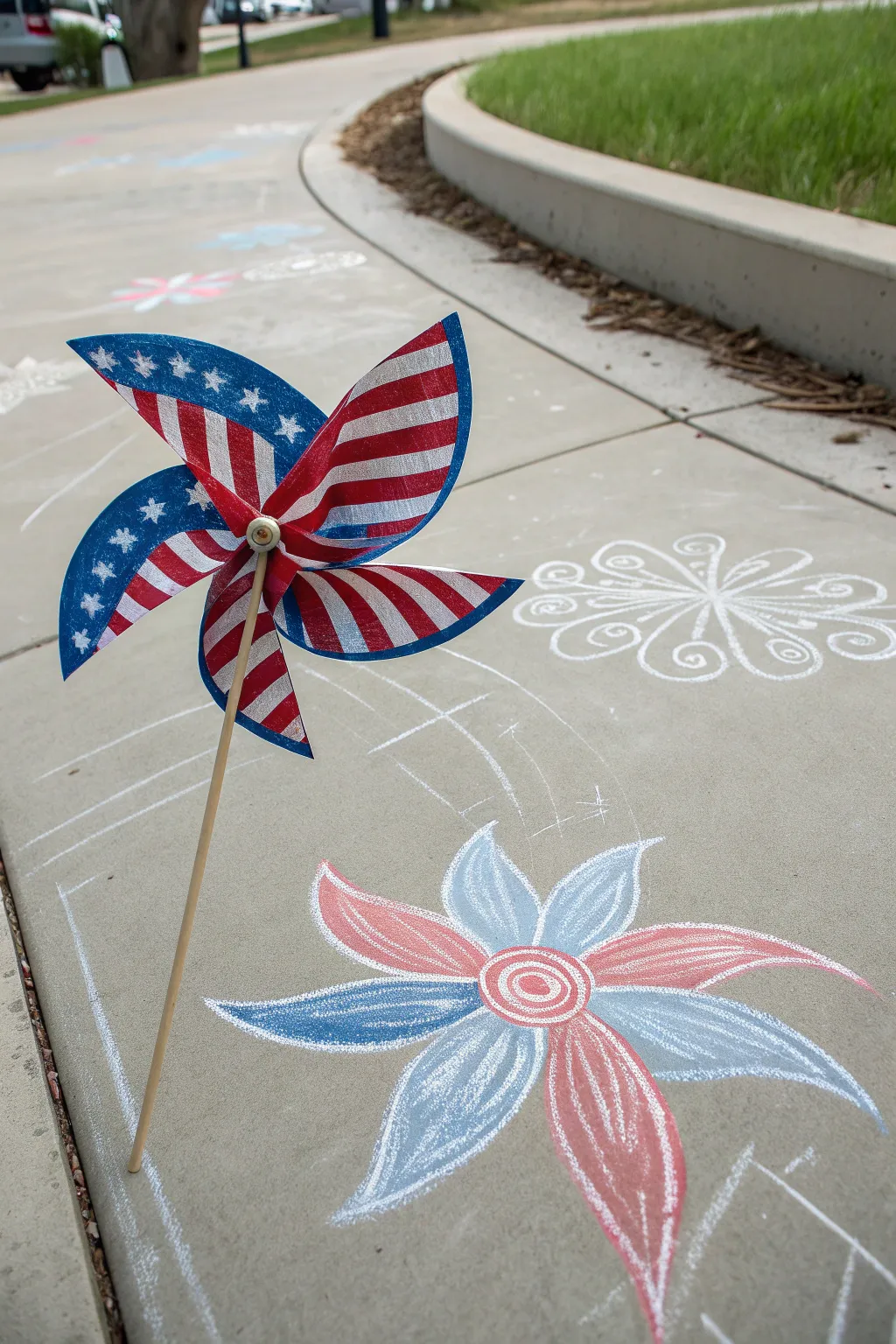 Add a playful sparkle to your 4th of July with this charming patriotic pinwheel chalk art!