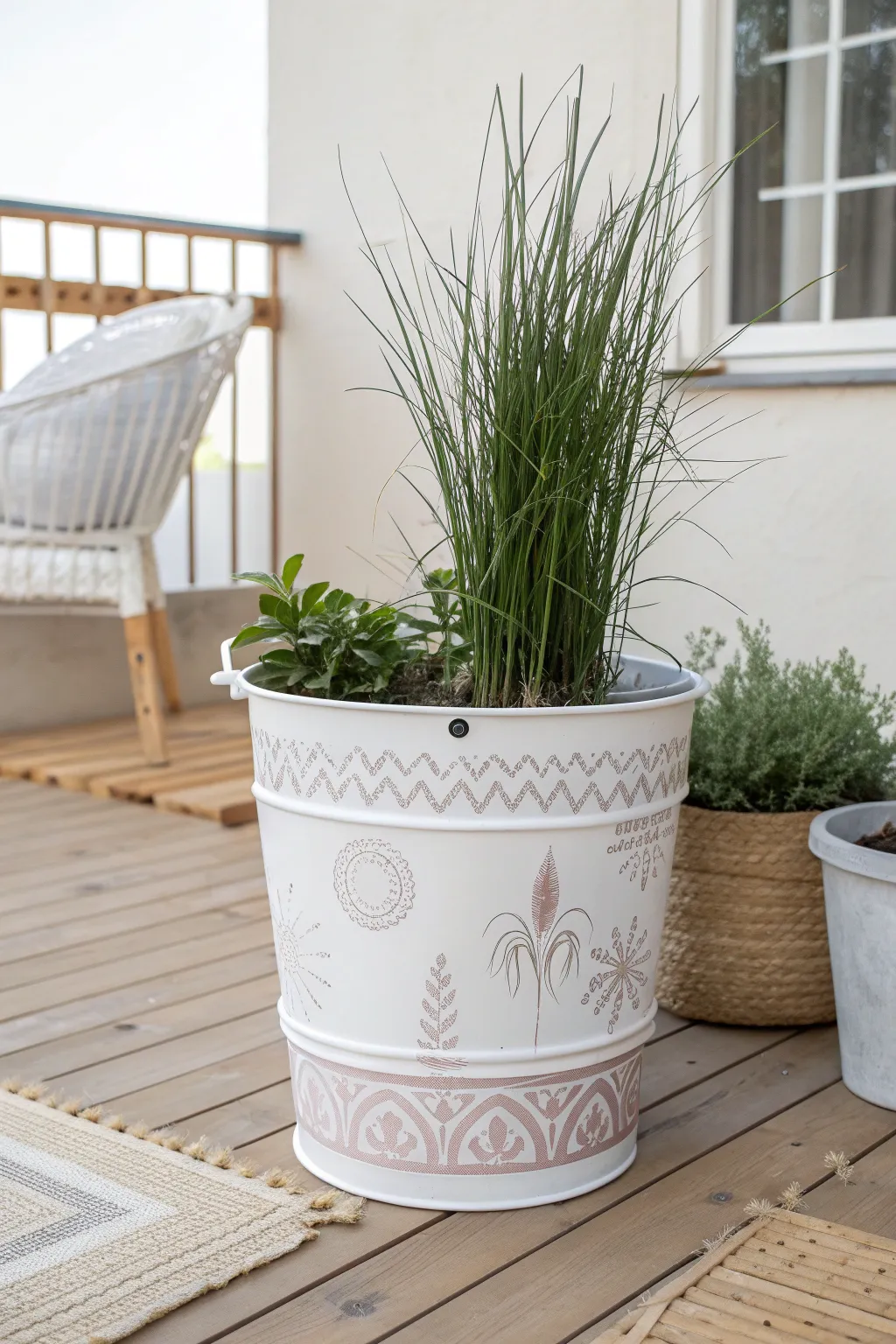 Transform your patio into a serene sanctuary with a boho-inspired privacy screen made from simple 5-gallon buckets. #PatioPrivacy #BohoMinimalism
