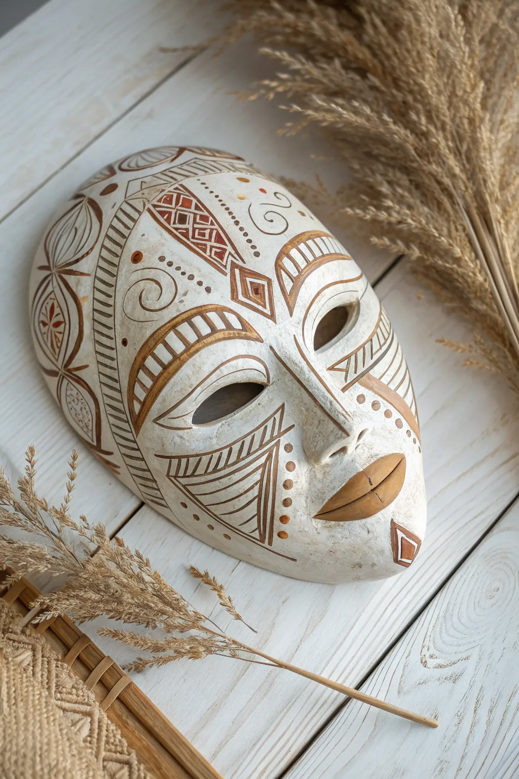Celebrate culture and creativity with a beautifully crafted plaster mask, merging minimalist elegance with bohemian flair.