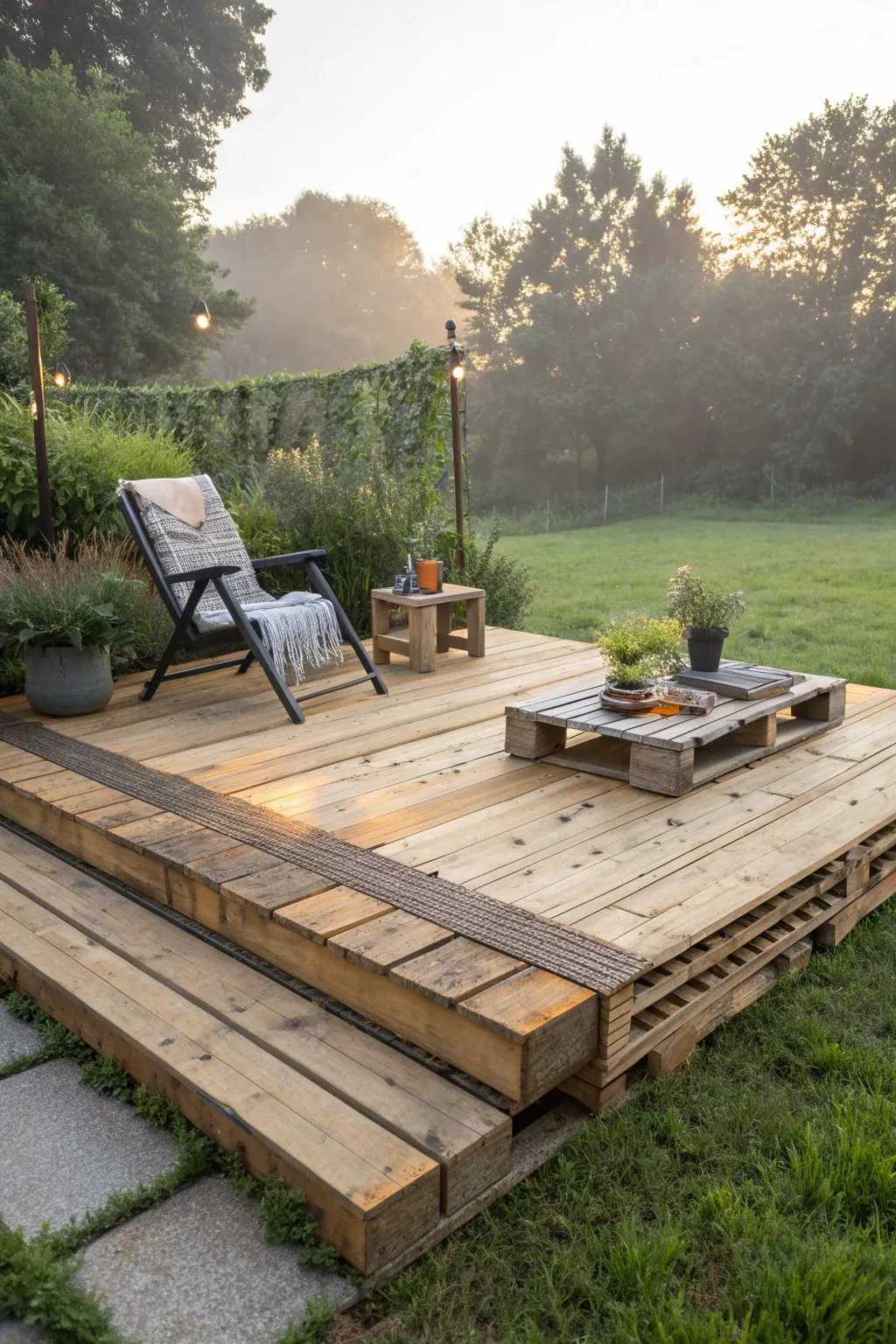 Embrace your craftsmanship with a DIY pallet deck, perfect for your morning coffee rituals.