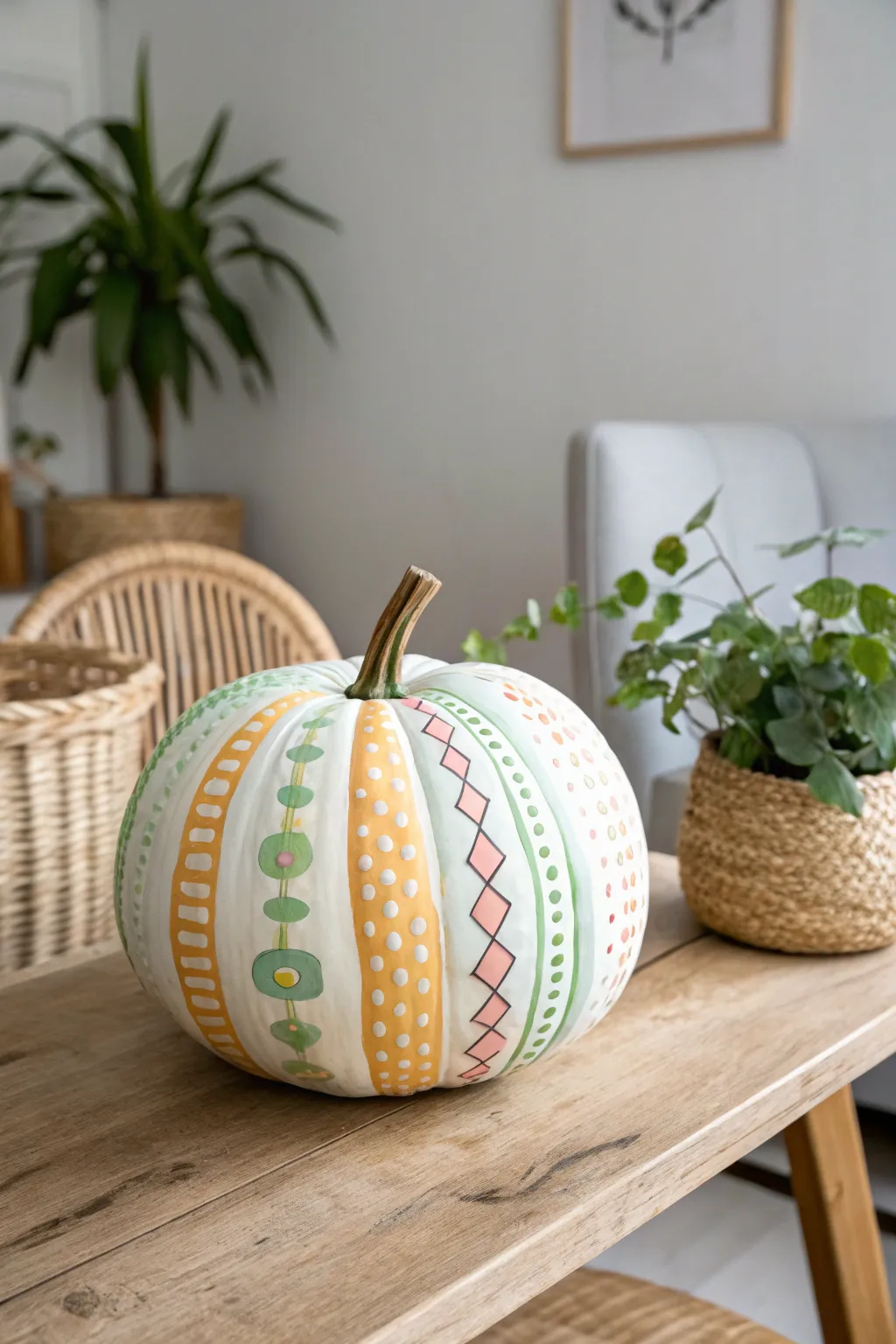 Embrace vintage charm this Halloween with a retro-patterned pumpkin, blending pastels and nostalgia for a stylishly cozy decor.