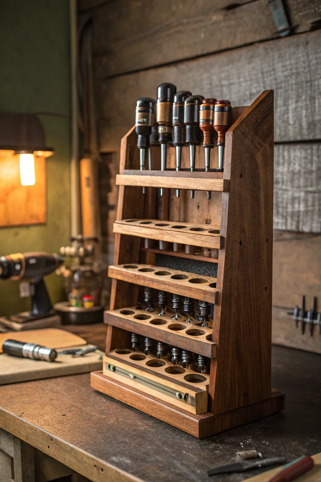 Elevate your workshop organization with a handcrafted tiered tool rack, where functionality meets artisan design.