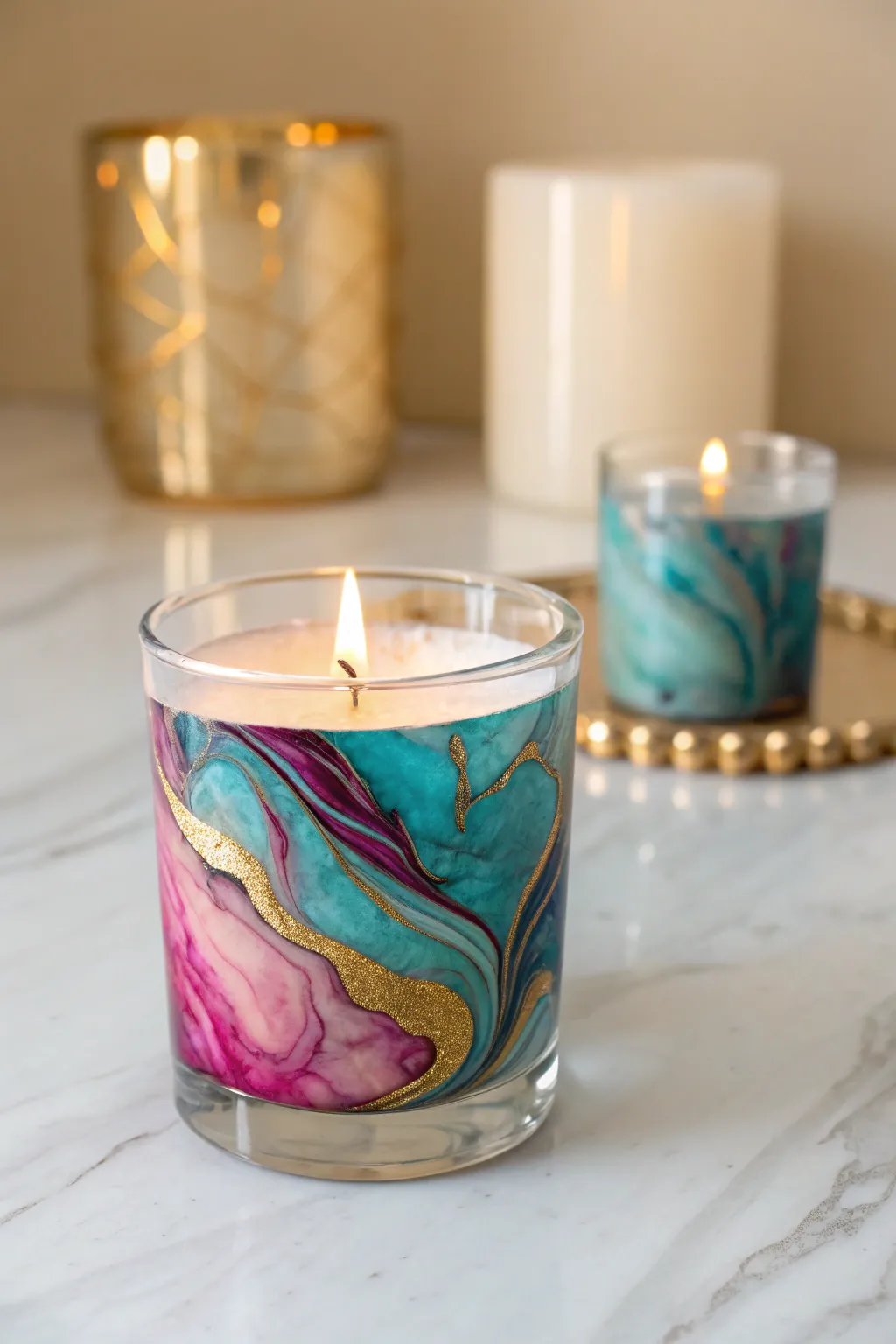 Illuminate your space with the enchanting glow of handcrafted alcohol ink votive holders.