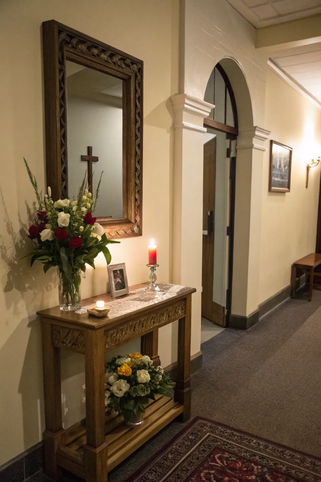 A hallway altar creates a peaceful pause in a transitional space.