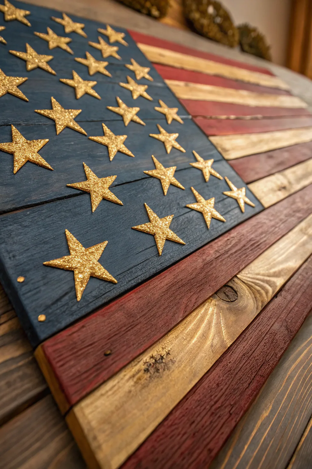 Elevate your decor with handcrafted elegance: Gold-leafed stars on a rustic wooden flag.