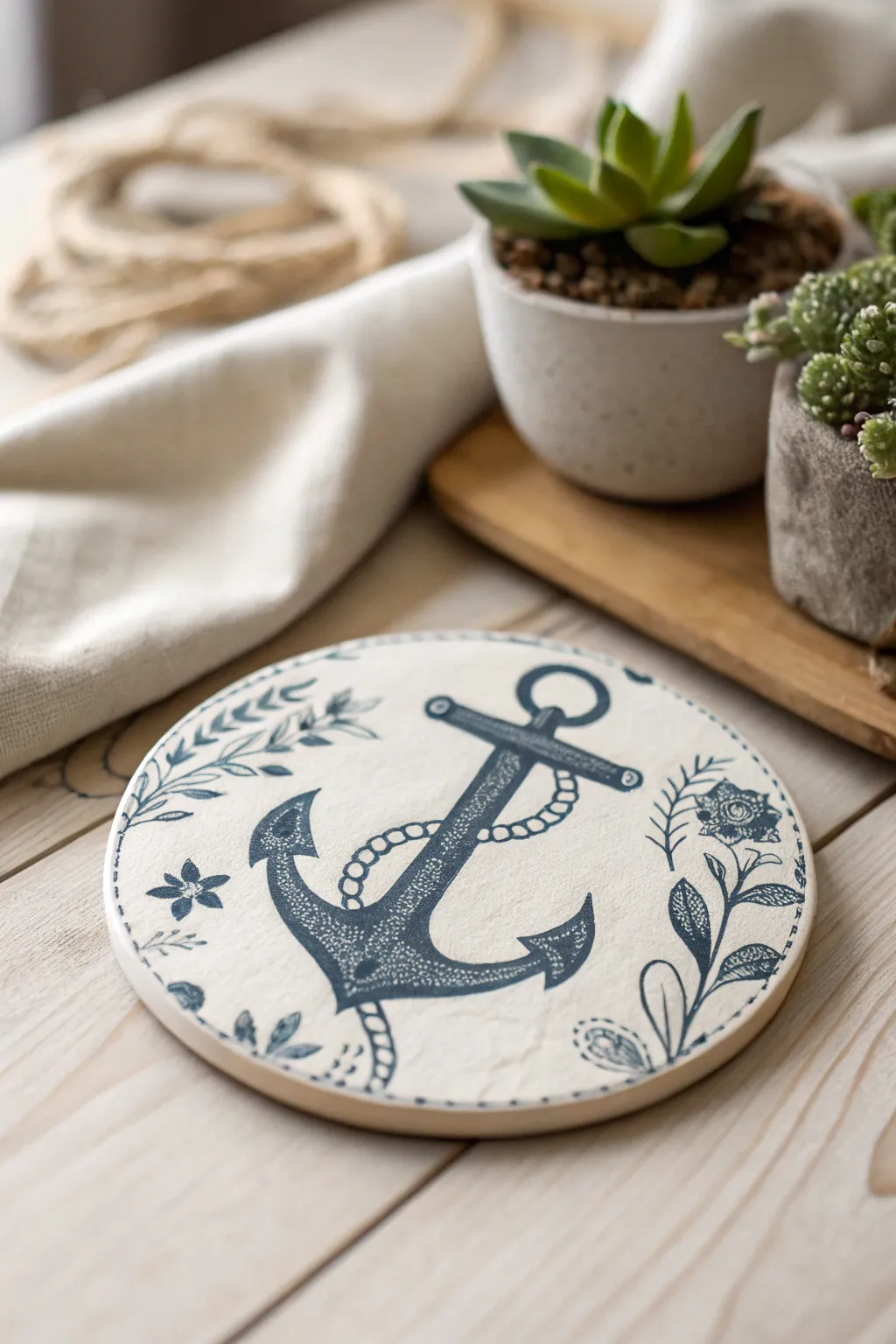 Elevate your table decor with these chic anchor decoupage coasters. Perfect for those who appreciate simplicity and craftsmanship.