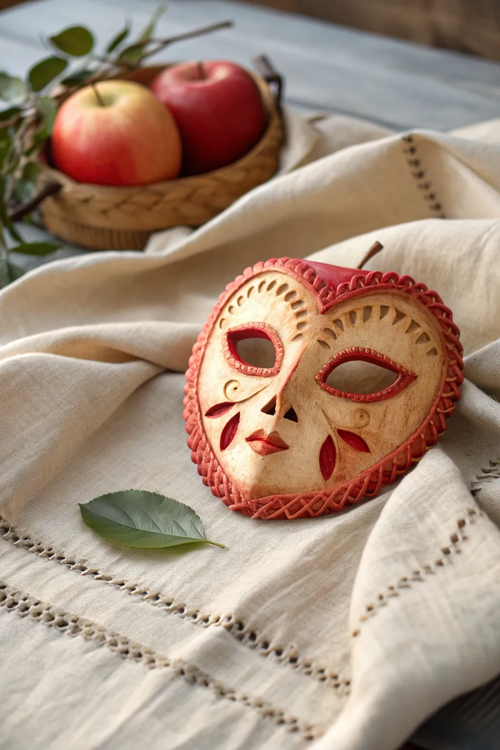 Embrace the charm of fall with a handcrafted apple mask, where simplicity meets elegance.