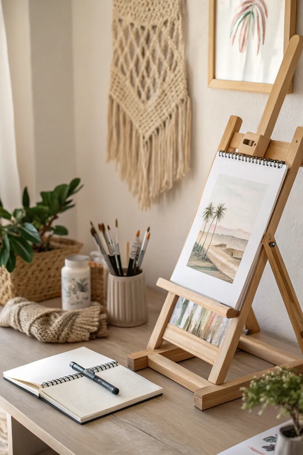 Elevate your workspace with a rotating gallery—keep your creativity flowing with this minimalist art desk setup.