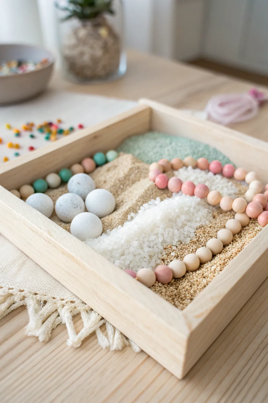 Engage your senses with this minimalist sensory bin, perfect for sparking curiosity in a stylish way.