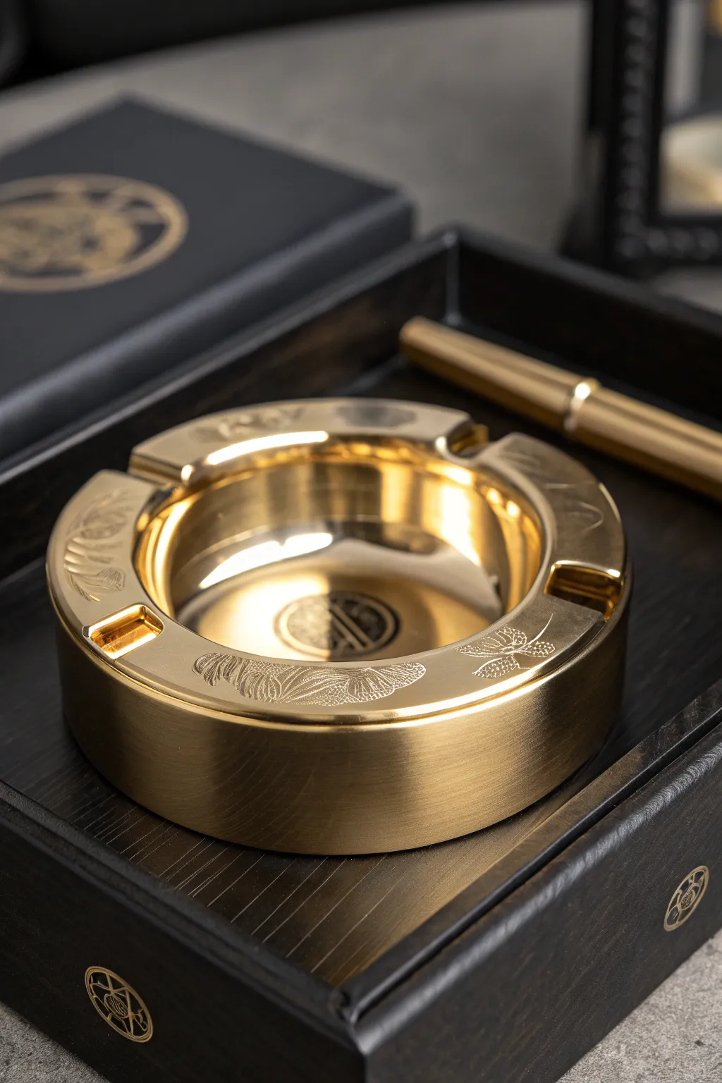 Embrace the sleek allure of craftsmanship with this polished brass ashtray.