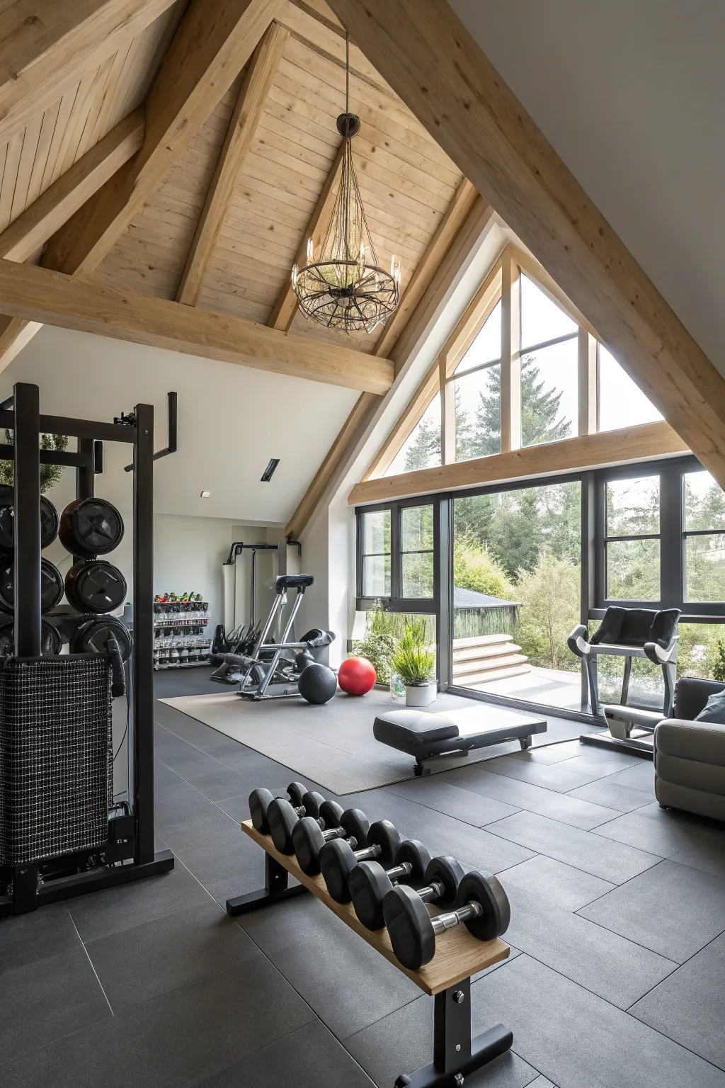 A functional home gym located in an attic.